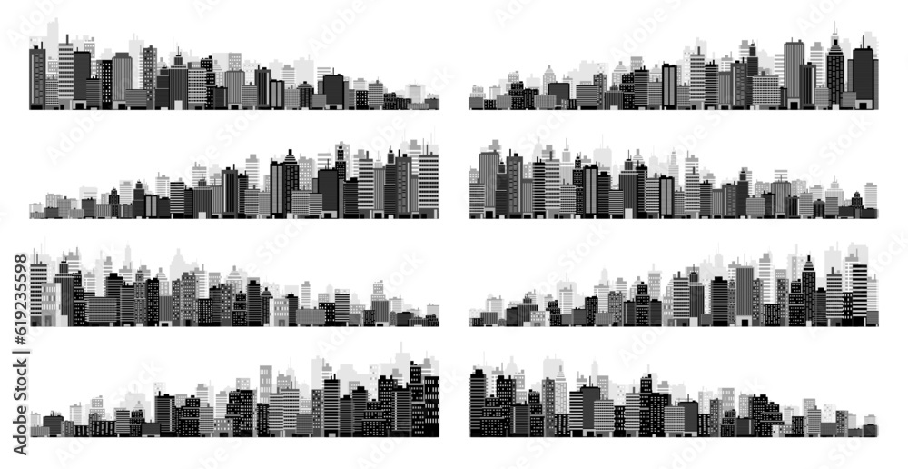 Obraz premium City silhouettes. Cityscape, town skyline, horizontal panorama. Midtown, downtown with various buildings, houses and skyscrapers. Vector illustration