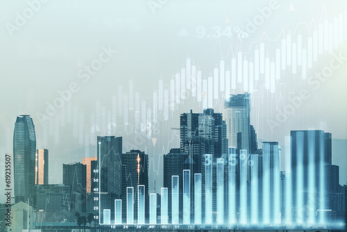 Abstract virtual financial graph hologram on Los Angeles skyline background  forex and investment concept. Multiexposure
