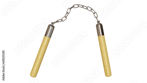 Wooden nunchaku weapon on chain isolated on white and transparent background. Martial art concept. 3D render