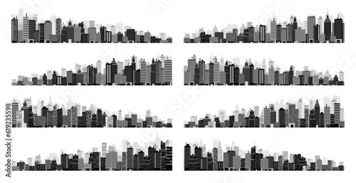 City silhouettes. Cityscape, town skyline, horizontal panorama. Midtown, downtown with various buildings, houses and skyscrapers. Vector illustration