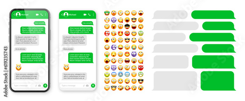 Smartphone messaging app, user interface design with emoji. SMS text frame. Chat screen with green message bubbles. Texting app for communication. Social media application. Vector illustration