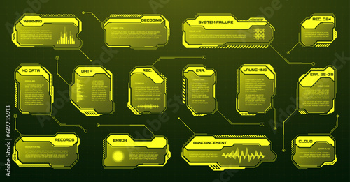 Yellow futuristic HUD, UI elements. Sci-fi user interface text boxes, callouts. Warning message frames, information boxes template. Modern game interface layout in digital style. Vector illustration