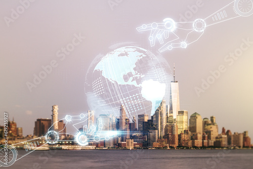 Abstract virtual robotics technology sketch with globe on Manhattan office buildings background, future technology and AI concept. Double exposure