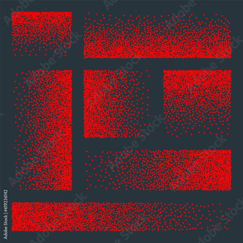 Stipple pattern, red dotted rectangular design elements. Stippling, dotwork drawing, shading using dots. Pixel disintegration, random halftone effect. White noise grainy texture. Vector illustration
