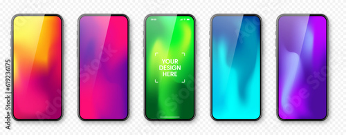 Smartphone with touch screen and abstract colorful background, wallpaper. Frameless mobile phone in front view. High quality detailed device mockup. Vector illustration