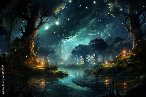 Fairy Lights and Starry Nights  A Tranquil Journey through the Enchanted Forest  Generative AI