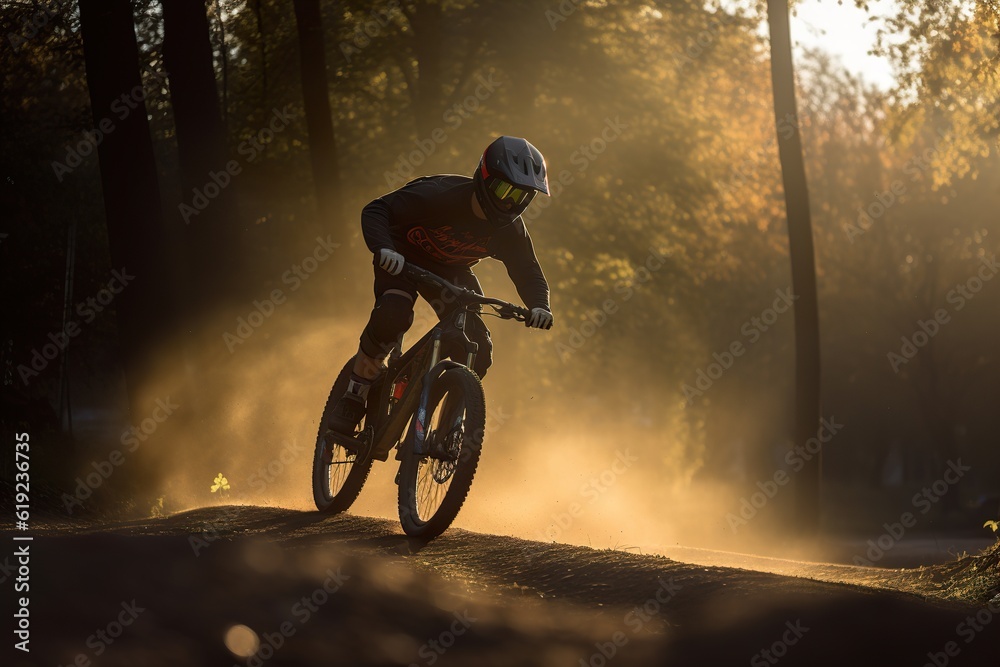 Obraz premium Cyclist riding a bike on an open road to the sunset