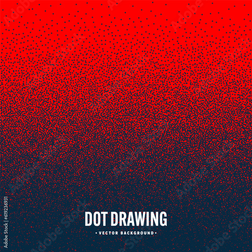 Stipple pattern, red dotted geometric background. Stippling, dotwork drawing, shading using dots. Pixel disintegration, random halftone effect. White noise grainy texture. Vector illustration