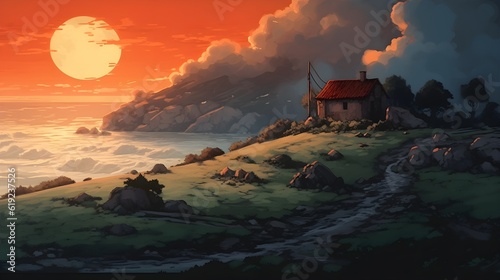 landscape with lonely house and sun, lofi vibes
