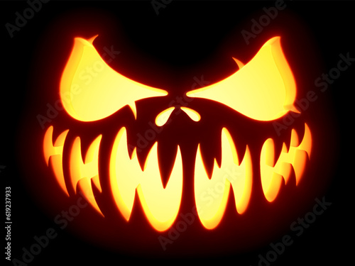 Halloween pumpkin glowing face on black background. Close up view of funny and scary pumpkin face with eyes and mouth. Design for party poster, invitation and greeting cards. Vector illustration