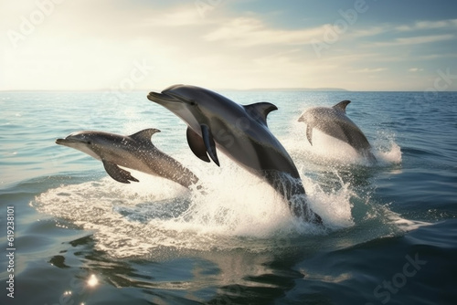 dolphins leaping in the sea. energy and joy exhibited by these intelligent and graceful marine creatures, surrounded by glistening droplets of seawater © vefimov