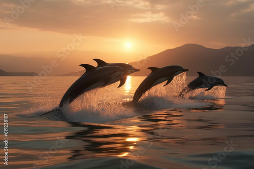 dolphins leaping in the sea. energy and joy exhibited by these intelligent and graceful marine creatures, surrounded by glistening droplets of seawater © vefimov