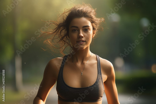 attractive woman running outdoors. She is wearing athletic shorts and sneakers, with her hair flowing in the wind. The woman exudes energy and passion as she confidently moves forward