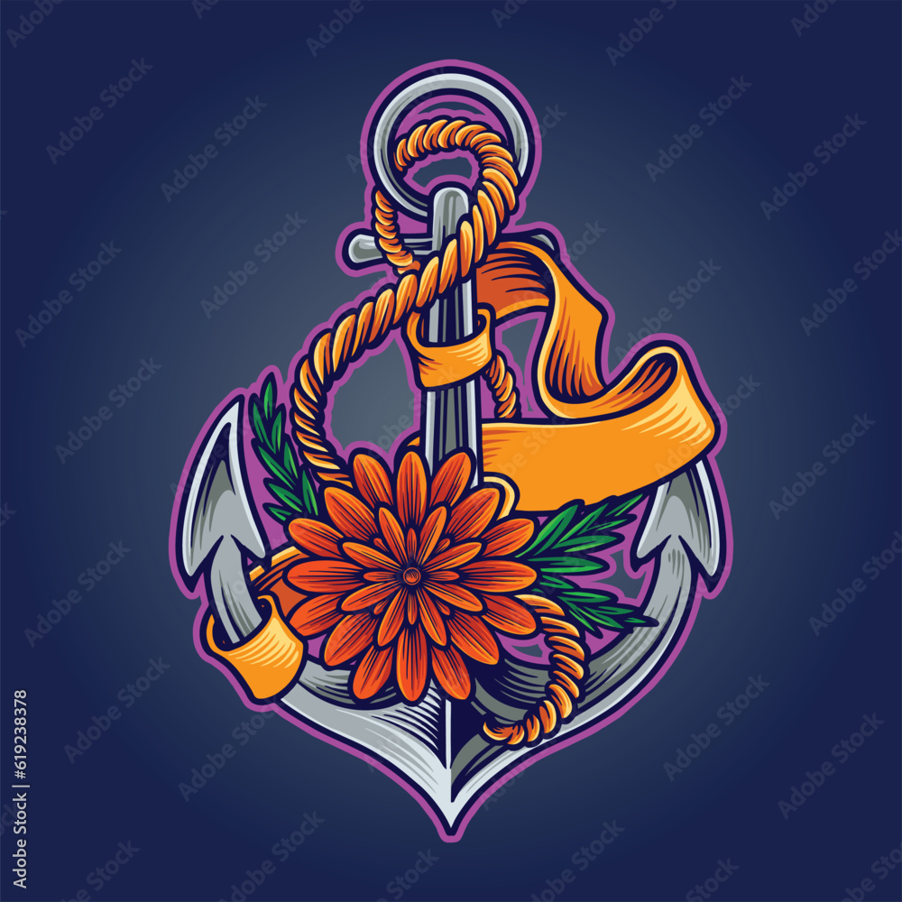 Vintage nautical anchor with lovely floral decorations vector illustrations for your work logo, merchandise t-shirt, stickers and label designs, poster, greeting cards advertising business company