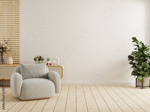 Canvastavla Modern interior of living room with gray armchair on empty white color wall background