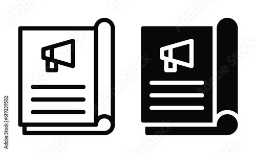 Advertisement on magazine icon with outline and glyph style.