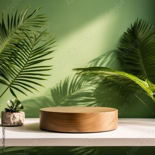  Wooden pedestal of free space for your decoration and soft green background