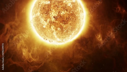 Hot erupting Sun wrapped in hydrogen plasma nebula clouds. Young star of our solar system concept 3D animation. Flares and coronal mass ejections unleash a torrent of searing glowing gases into space.