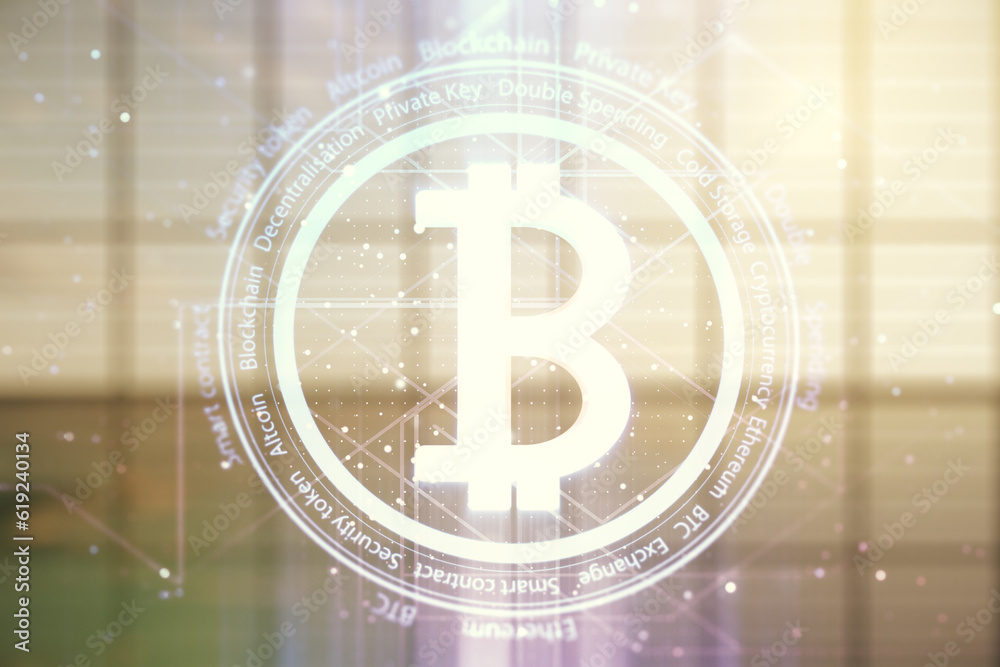 Virtual Bitcoin sketch on modern interior background. Double exposure