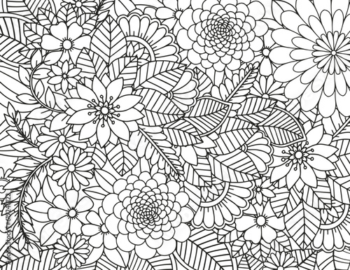 Coloring page for adults and children. Vector flower carpet.