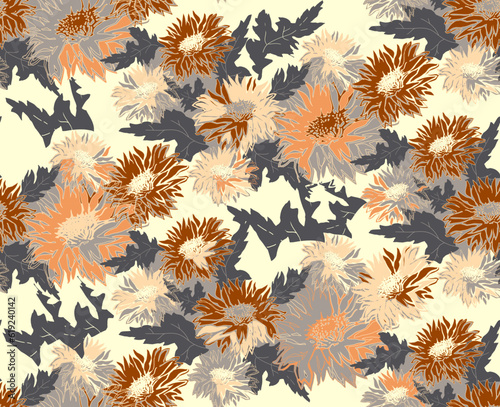 Floral hand drawn seamless pattern of chrysanthemums flowers in cozy earth tones with blossom. For design, package, textile, fabric, wallpaper, bedding, spring summer clothes.