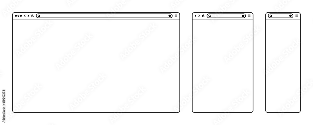 Blank web browser, internet page window with toolbar and search field. Modern website in flat style, line art. Browser mockup for computer, tablet and smartphone. Vector illustration Blank web browser, internet page window with toolbar and search field. Modern website in flat style, line art. Browser mockup for computer, tablet and smartphone. Vector illustration