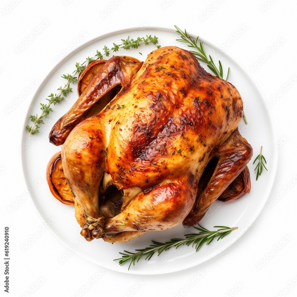 roasted chicken on isolated white background top view - obrazy, fototapety, plakaty 