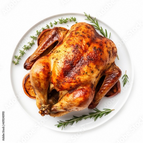 roasted chicken on isolated white background top view