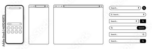Foto Smartphone, web browser, internet page window with toolbar and search bar, field