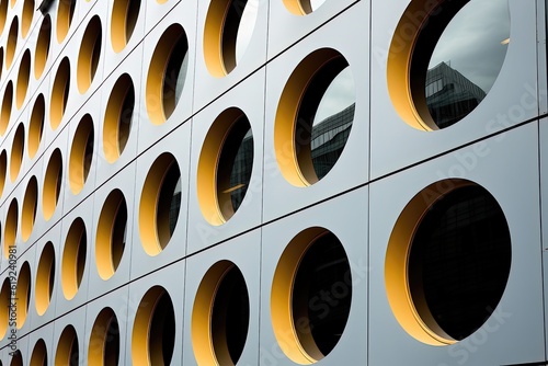 Abstract geometric pattern of round holes in the facade of a modern building