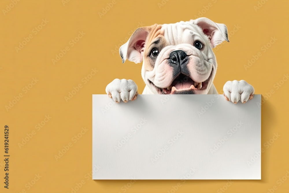 cute dog holding a blank sign on a bright yellow background. Generative AI