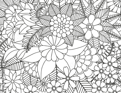 Coloring page for adults and children. Vector flower carpet.