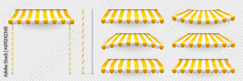Yellow shop sunshade with stand holders. Realistic striped cafe awning. Outdoor market tent. Roof canopy. Summer street store. Vector illustration