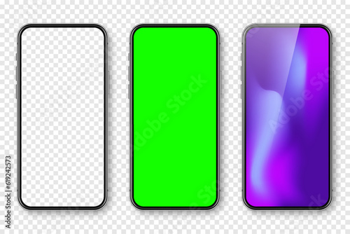Smartphone with blank touch screen and abstract colorful wallpaper, green chroma key background. Frameless mobile phone in front view. High quality detailed device mockup. Vector illustration