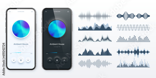 Online audio player user interface, smartphone app UI design. Music, media streaming and listening platform. Responsive mobile application. Neumorphism. Various sound waves. Vector illustration