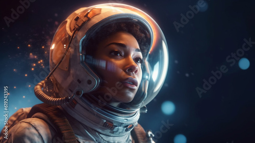adult woman is astronaut, wears an astronaut suit, astronaut helmet, in space, makes a discovery or sees something incredible, shocked or amazed