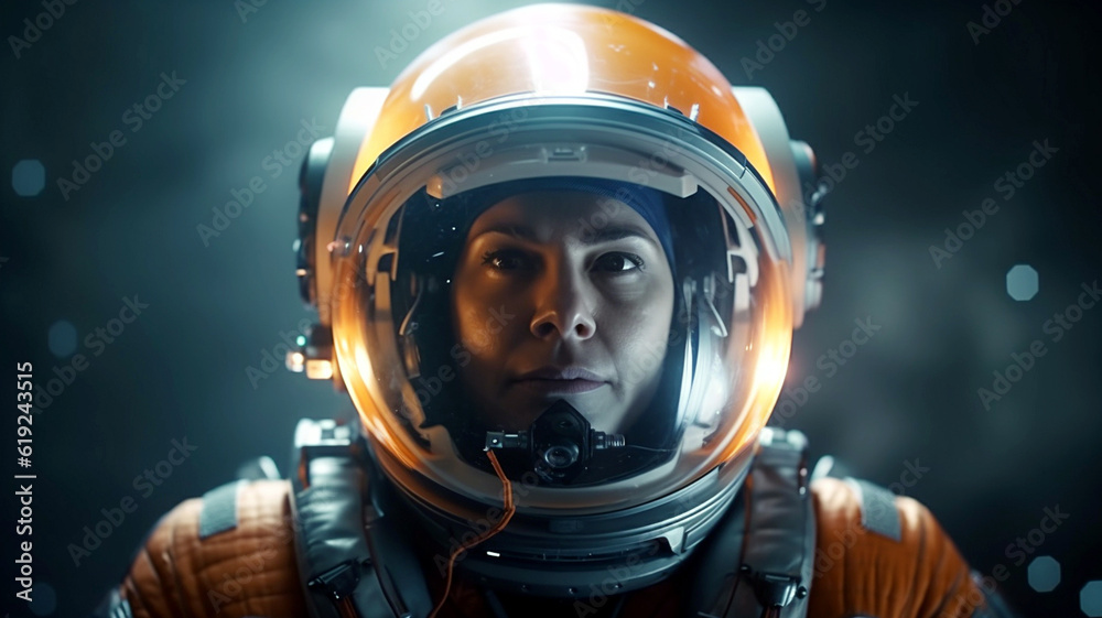 adult woman is astronaut, wears an astronaut suit, astronaut helmet, in space, makes a discovery or sees something incredible, shocked or amazed adult woman is astronaut, wears an astronaut suit, astronaut helmet, in space, makes a discovery or sees something incredible, shocked or amazed