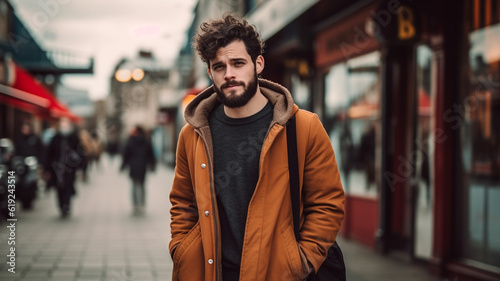 neutral or slightly worried or stressed or sad, man with beard in city, fictional location