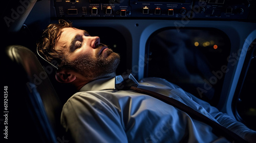 the pilot of an airplane has fallen asleep, sleeping in the cockpit photo