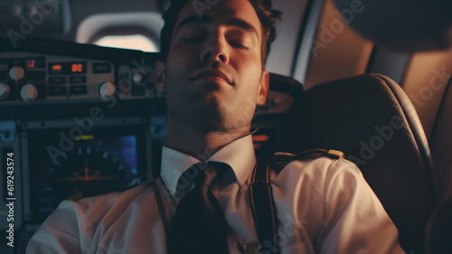 the pilot of an airplane has fallen asleep, sleeping in the cockpit photo