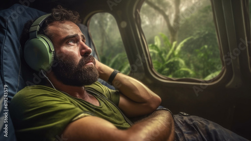 plane crash young adult man in plane, crashed in jungle, survived, survivor in plane seat is waiting and listening music with headphones, worried and scared, fear