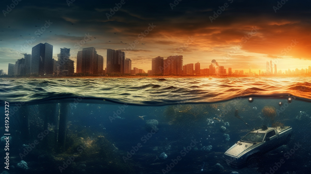 Rising sea level or flooding, fictional place, big city, water floods