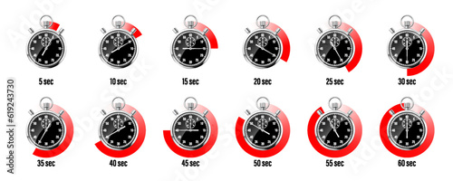 Realistic classic stopwatch. Shiny metal chronometer, black time counter with dial. Red countdown timer showing minutes and seconds. Time measurement for sport, start and finish. Vector illustration