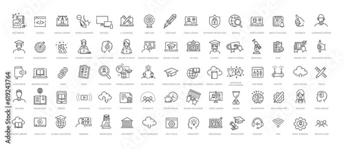 Collection of e-learning related line icons
