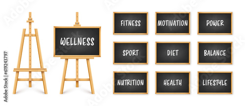 Black chalkboard on wooden easel. Blackboard in wooden frame on a tripod. Presentation board with text, writing or drawing surface. Wellness, healthy lifestyle and motivation. Vector illustration
