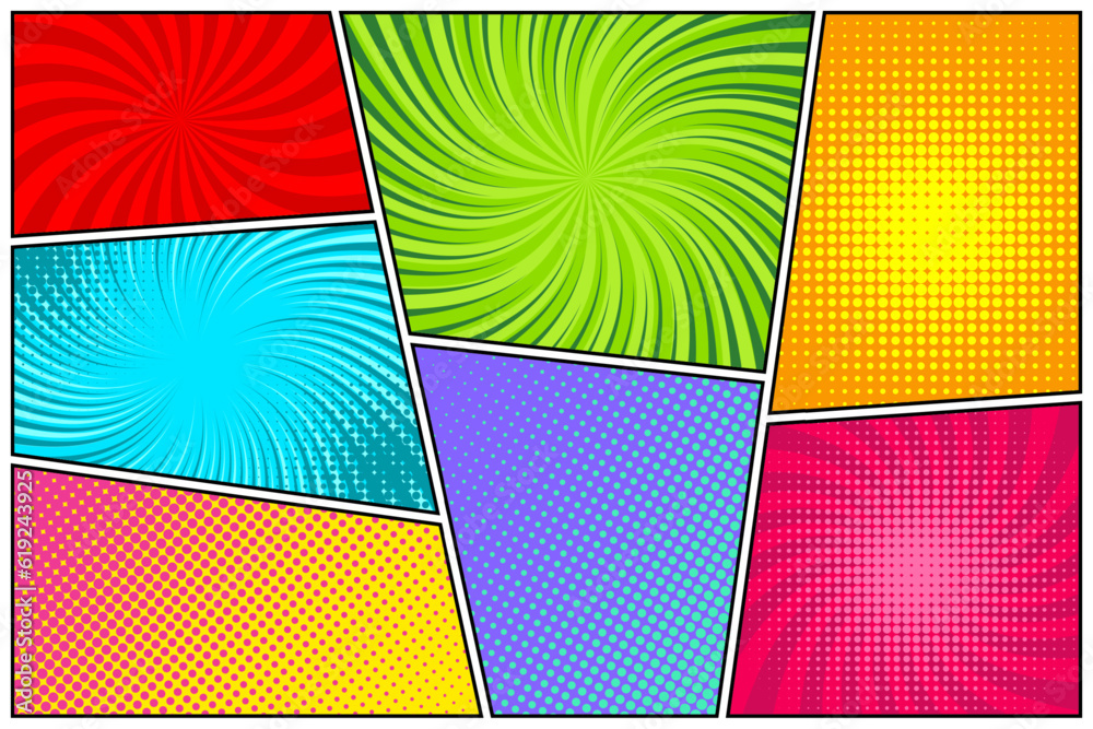 Colorful twisted comic book radial rays, lines. Comics background with motion, speed lines. Pop art style elements. Vector illustration
