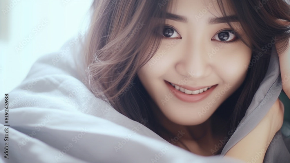 adult woman smile, happy, on bed at home, white shirt, white bed sheets adult woman smile, happy, on bed at home, white shirt, white bed sheets