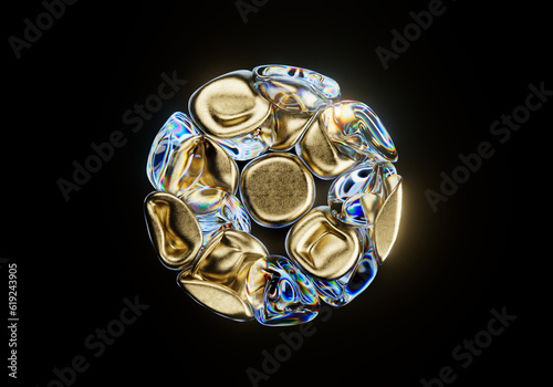 3d render background Abstract wallpaper, poster. Colorful glowing gold round shape isolated on black. Inflating circle composition. Neon light Illuminated. Futuristic technology design. Visual trend. 