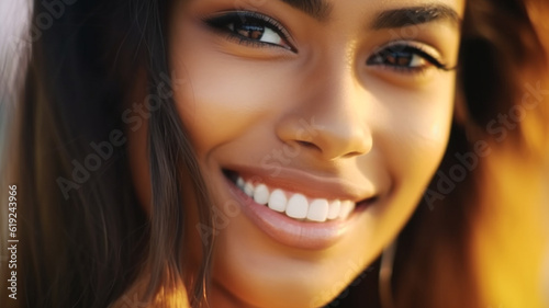 beautiful close-up, face of a young adult multiracial woman at sunshine or sunset, fictional location