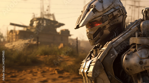 man wears a robot combat ge...